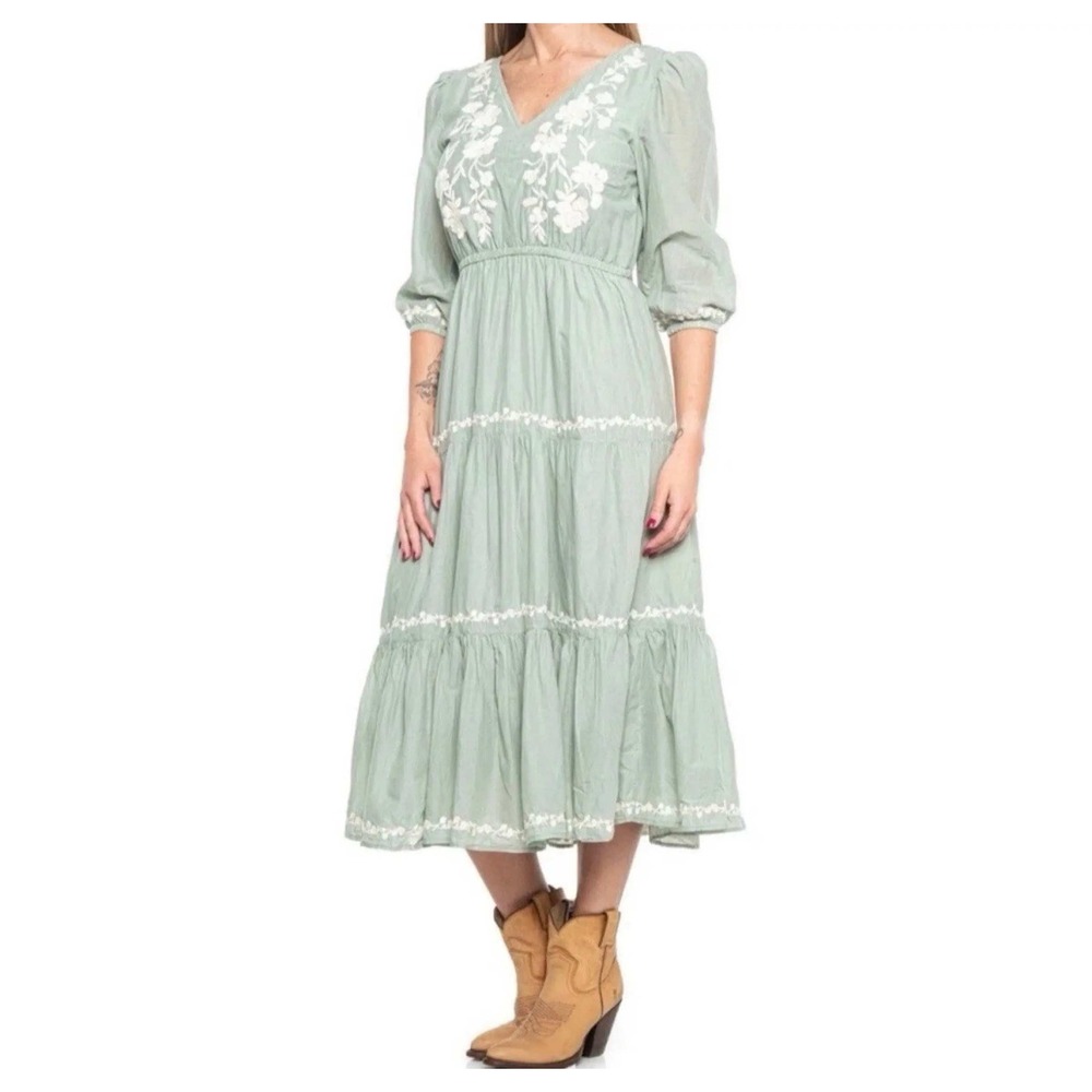 Lucky Brand Midi Dress Womens Large Sage Green Embroidered Tiered Boho Cotton
